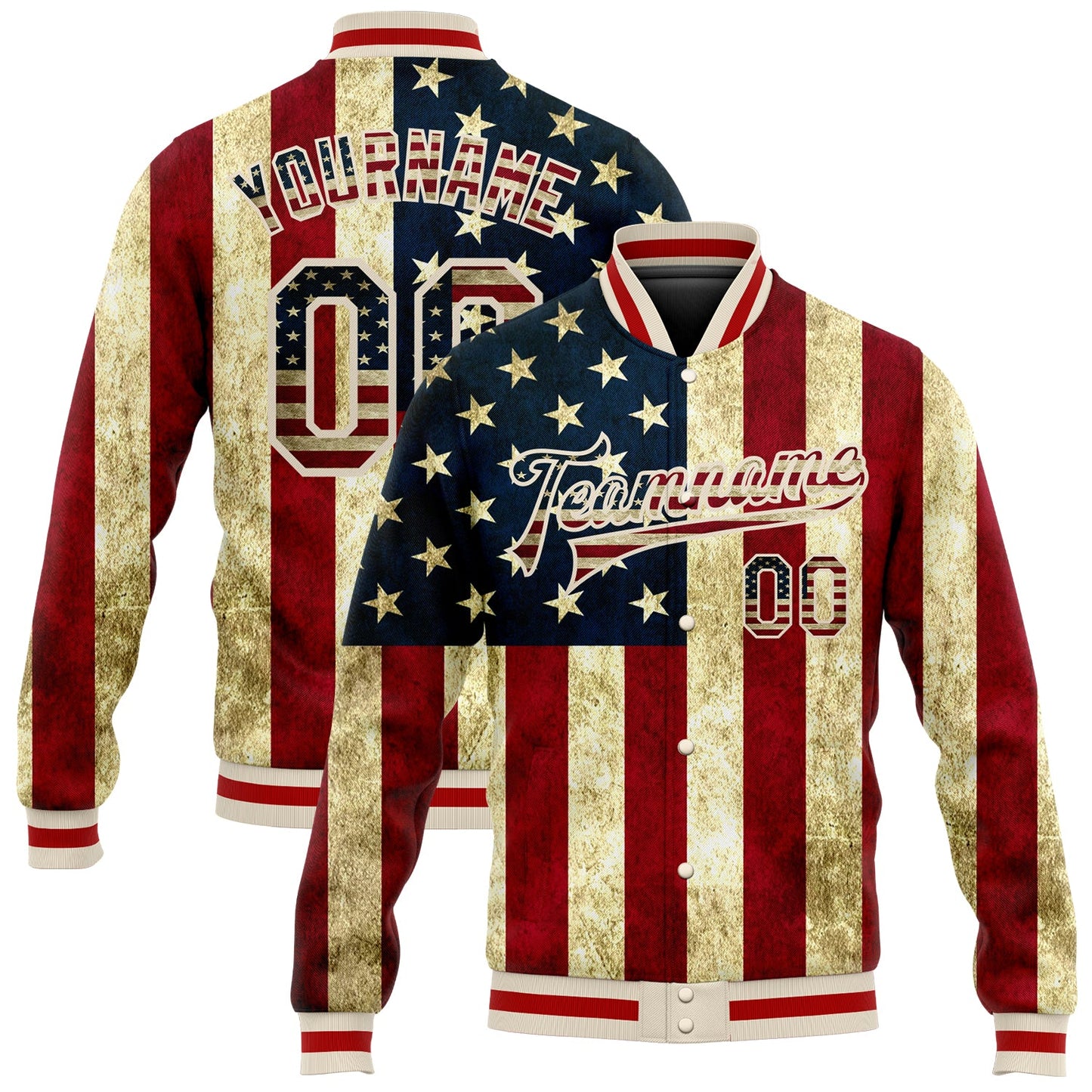 Custom Cream Vintage USA Flag-Red American Flag Fashion 3D Bomber Full-Snap Varsity Letterman Jacket - Main View