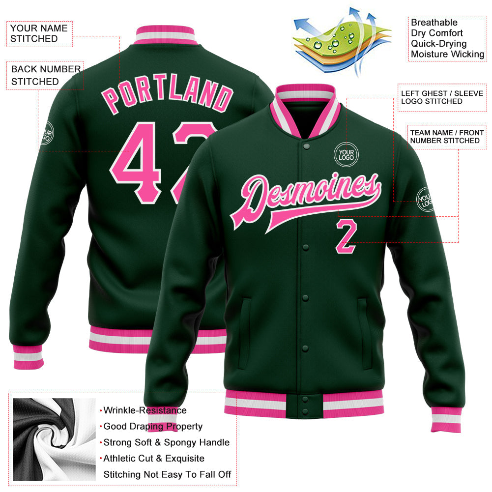 Custom Green Pink-White Bomber Full-Snap Varsity Letterman Jacket view 5