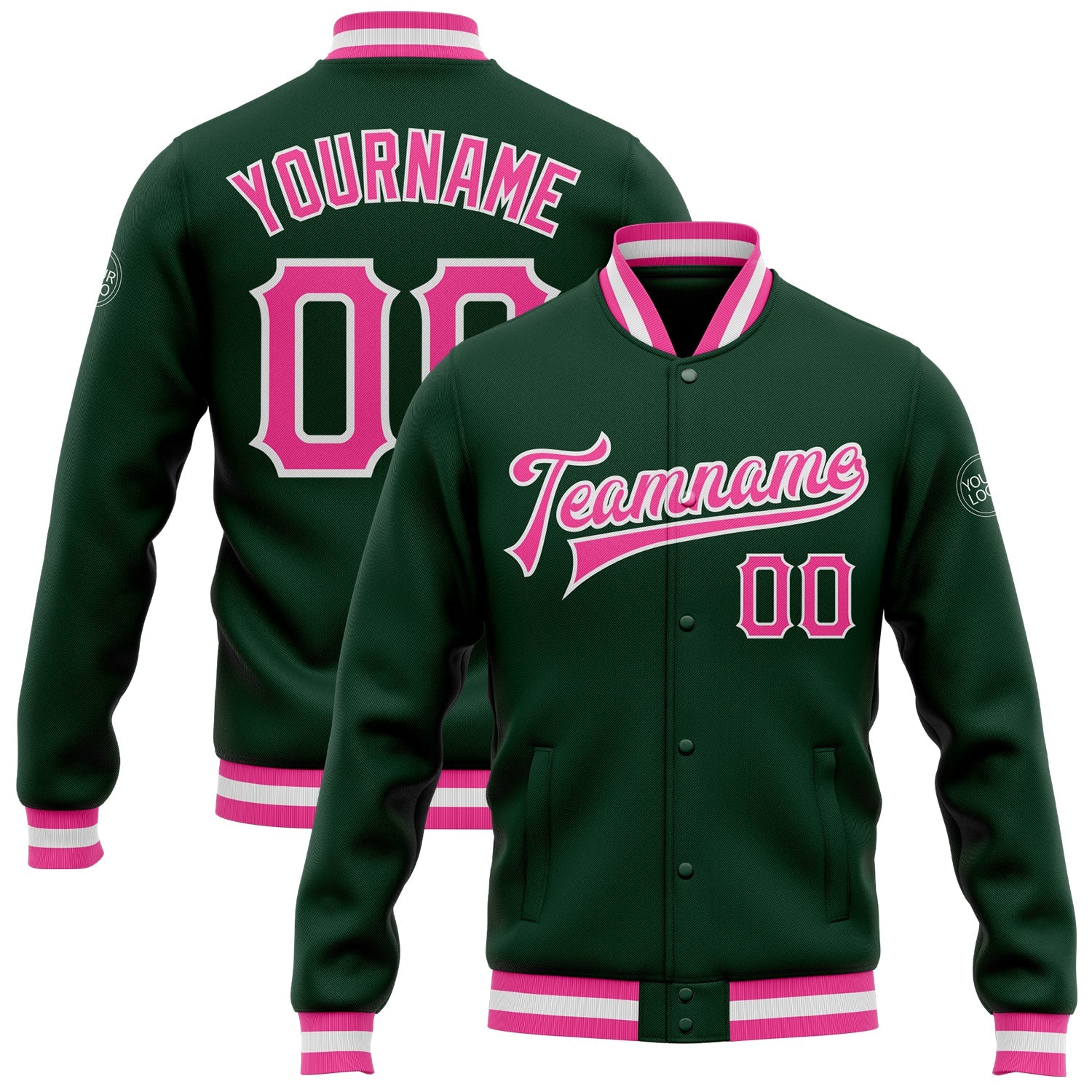 Custom Green Pink-White Bomber Full-Snap Varsity Letterman Jacket - Main View