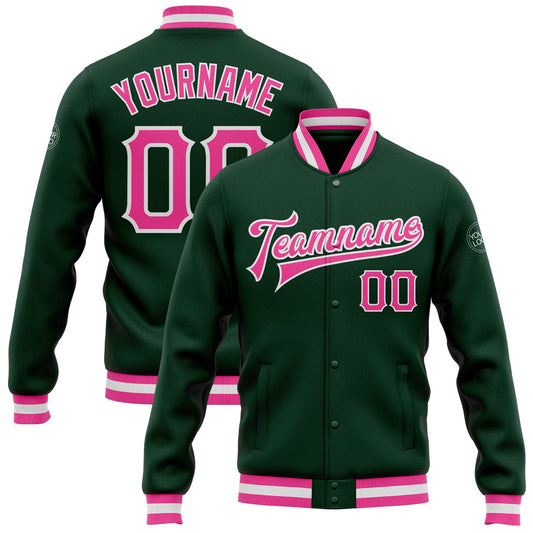 Custom Green Pink-White Bomber Full-Snap Varsity Letterman Jacket - Main View