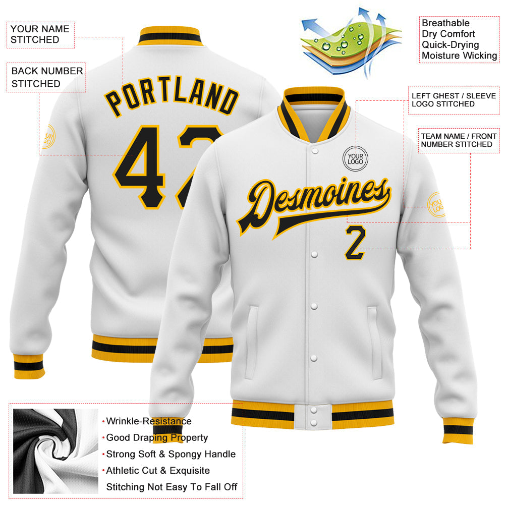 Custom White Black-Gold Bomber Full-Snap Varsity Letterman Jacket view 5