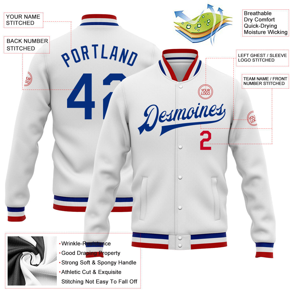 Custom White Royal-Red Bomber Full-Snap Varsity Letterman Jacket view 5