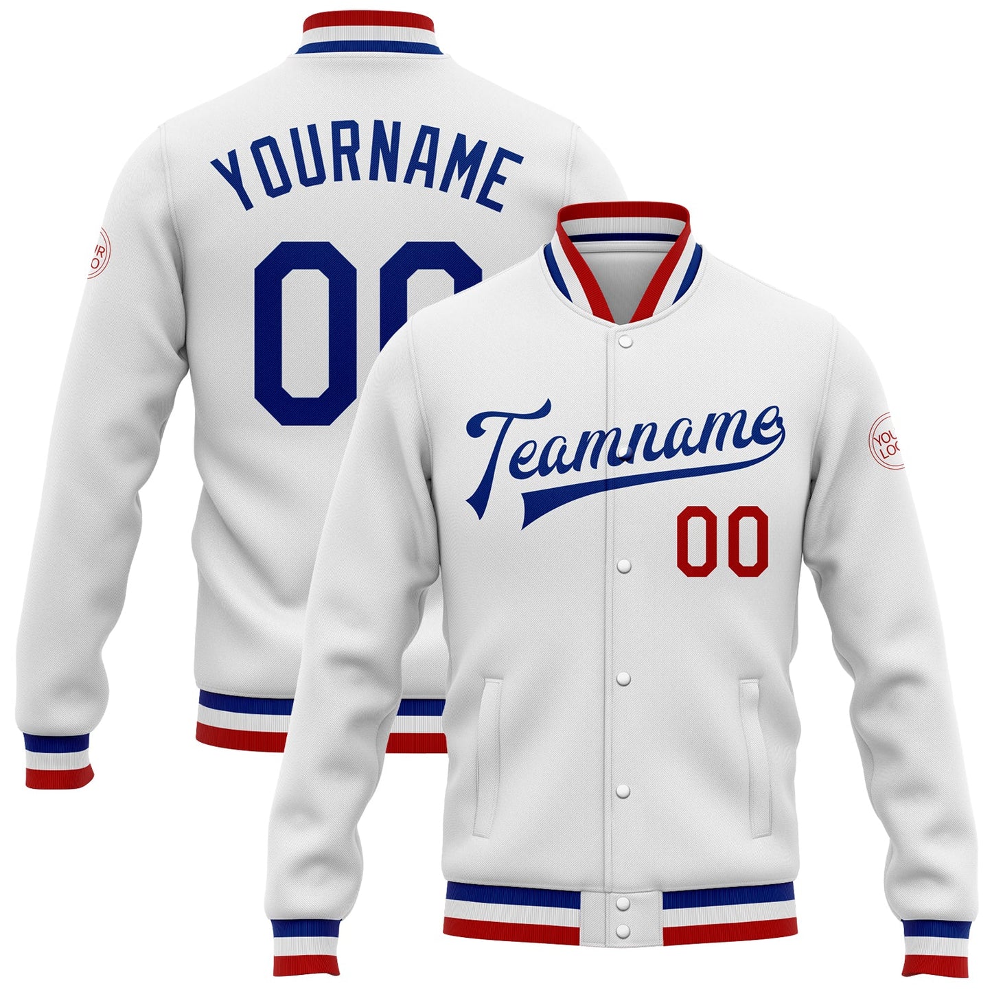 Custom White Royal-Red Bomber Full-Snap Varsity Letterman Jacket - Main View