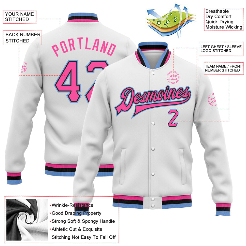 Custom White Pink Black-Light Blue Bomber Full-Snap Varsity Letterman Jacket view 5