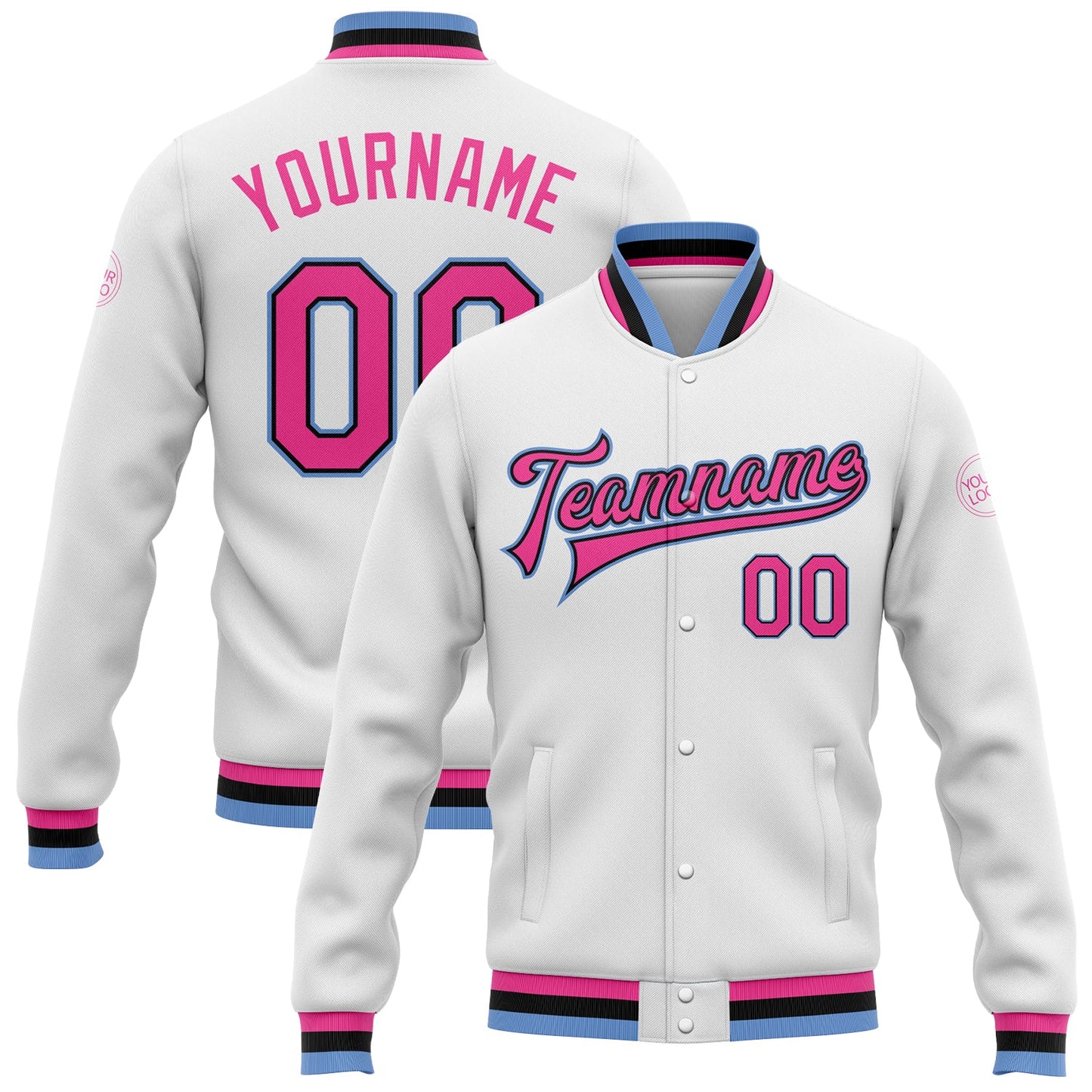 Custom White Pink Black-Light Blue Bomber Full-Snap Varsity Letterman Jacket - Main View