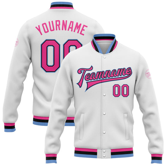 Custom White Pink Black-Light Blue Bomber Full-Snap Varsity Letterman Jacket - Main View