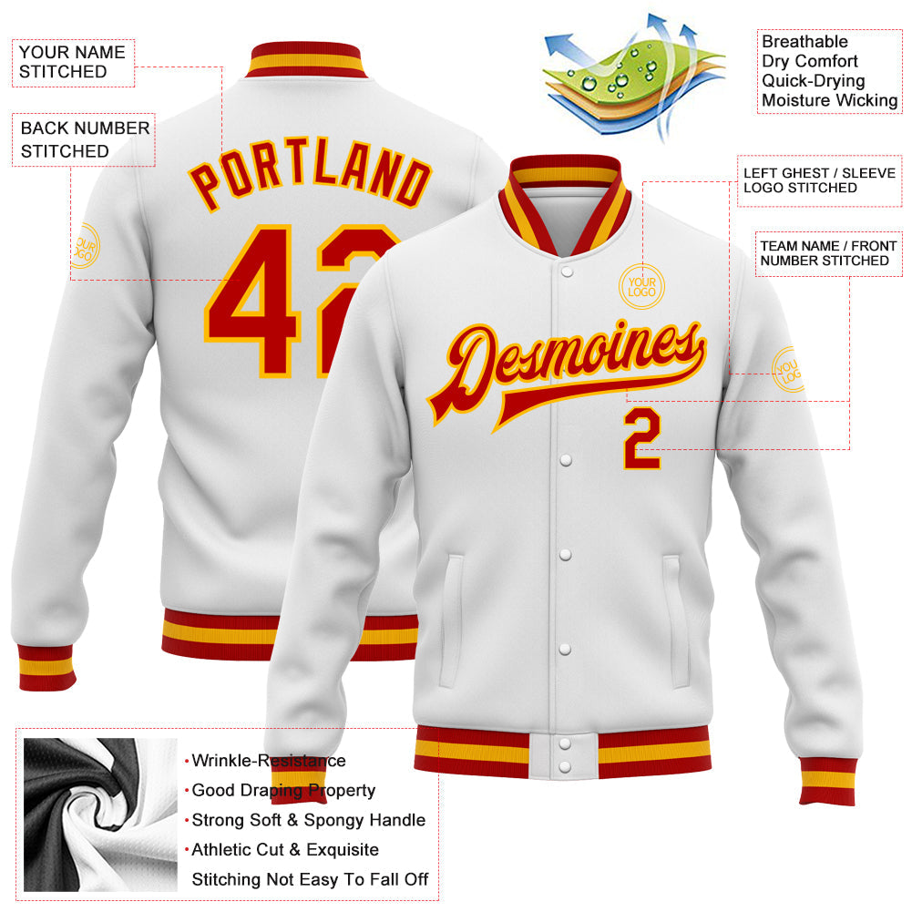 Custom White Red-Gold Bomber Full-Snap Varsity Letterman Jacket view 5