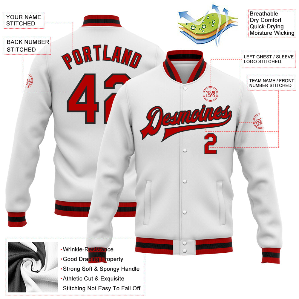 Custom White Red-Black Bomber Full-Snap Varsity Letterman Jacket view 5