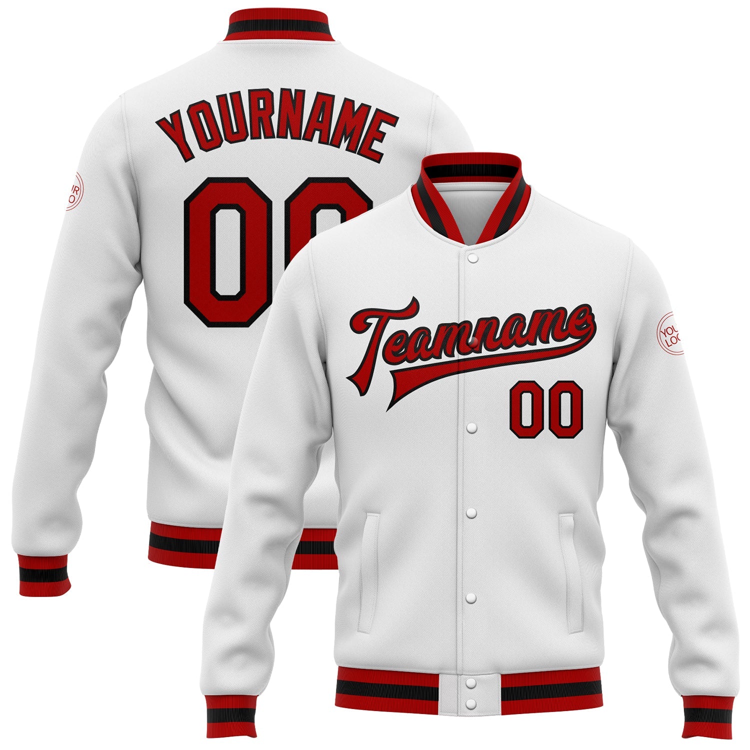 Custom White Red-Black Bomber Full-Snap Varsity Letterman Jacket - Main View