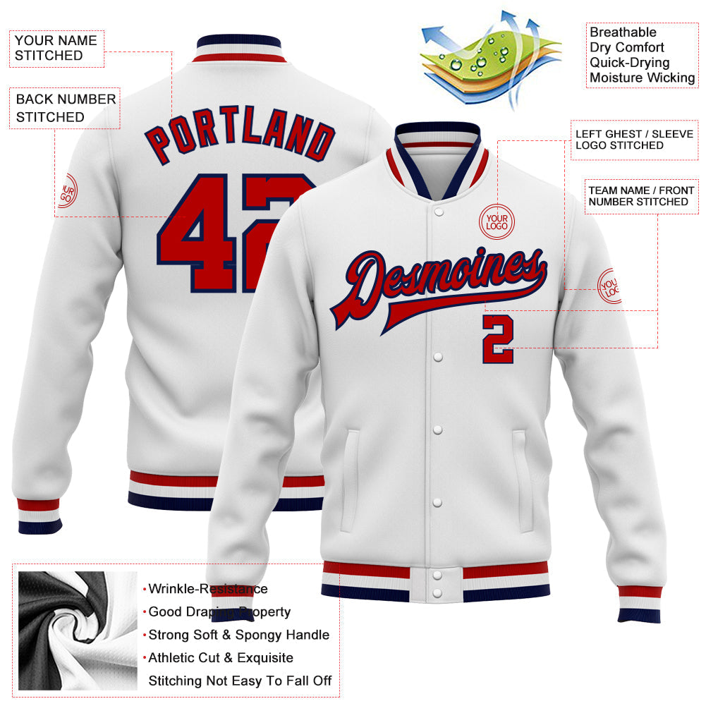Custom White Red-Navy Bomber Full-Snap Varsity Letterman Jacket view 5