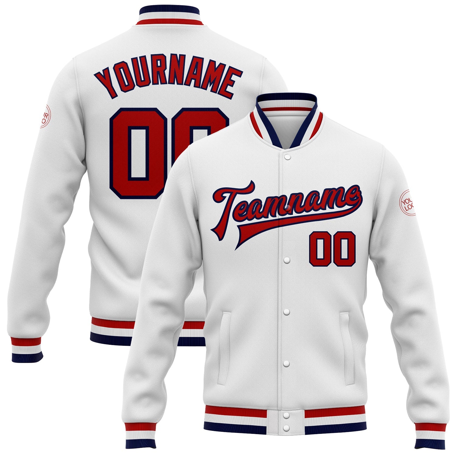 Custom White Red-Navy Bomber Full-Snap Varsity Letterman Jacket - Main View