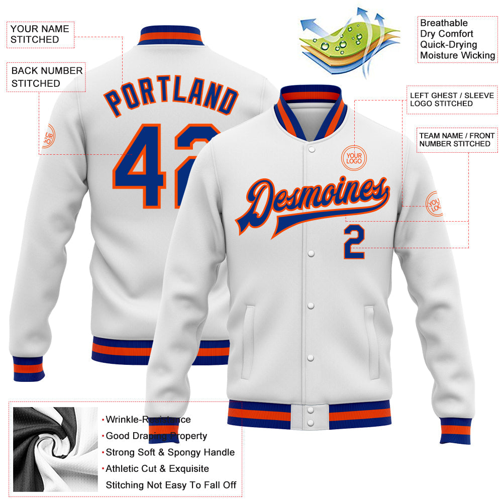 Custom White Royal-Orange Bomber Full-Snap Varsity Letterman Jacket view 5