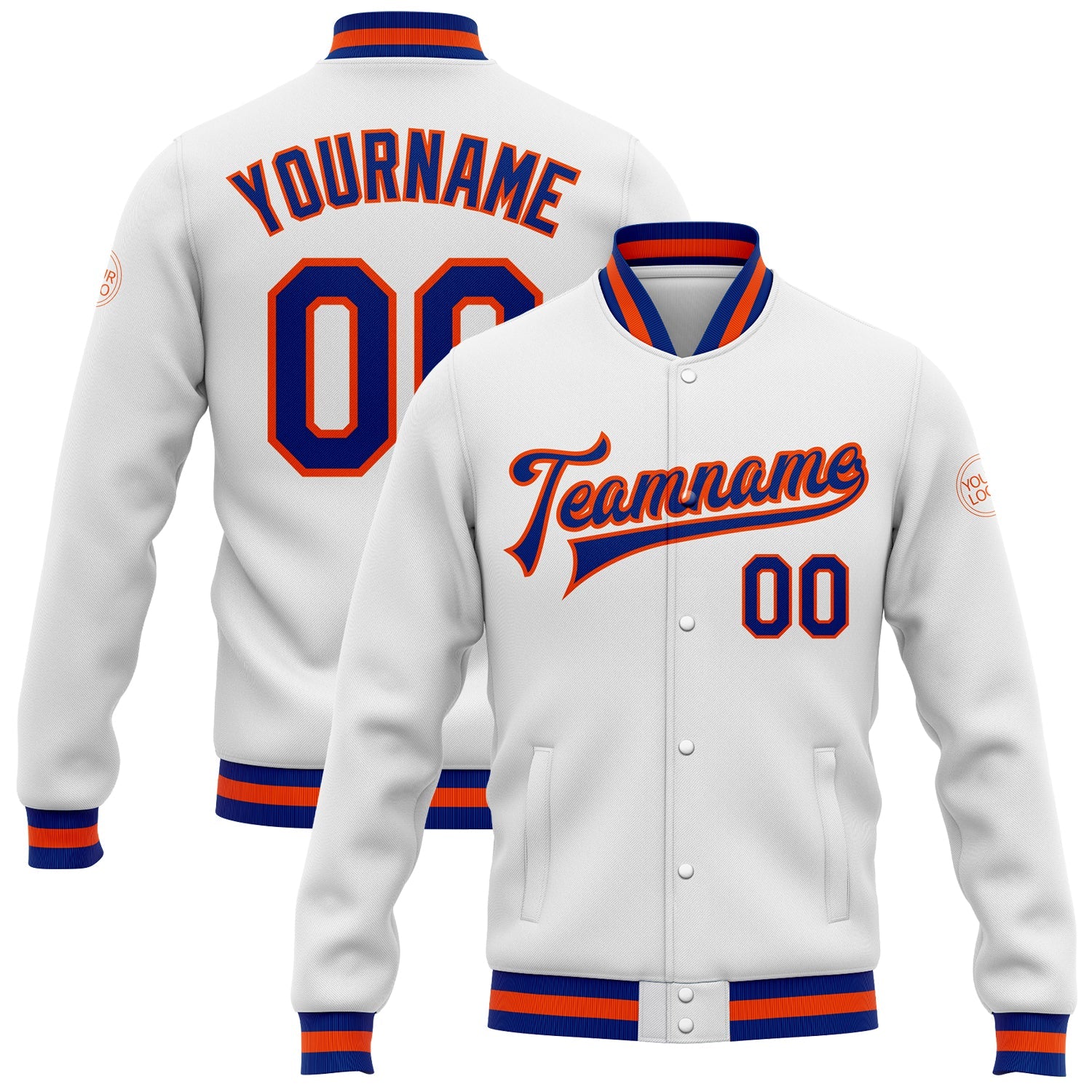Custom White Royal-Orange Bomber Full-Snap Varsity Letterman Jacket - Main View