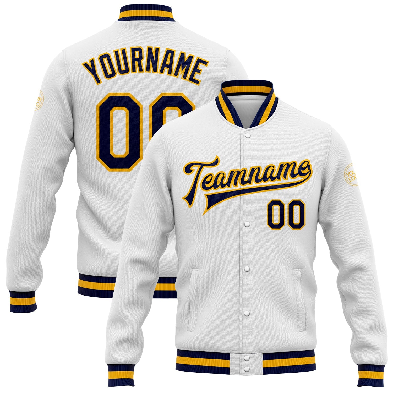 Custom White Navy-Gold Bomber Full-Snap Varsity Letterman Jacket - Main View