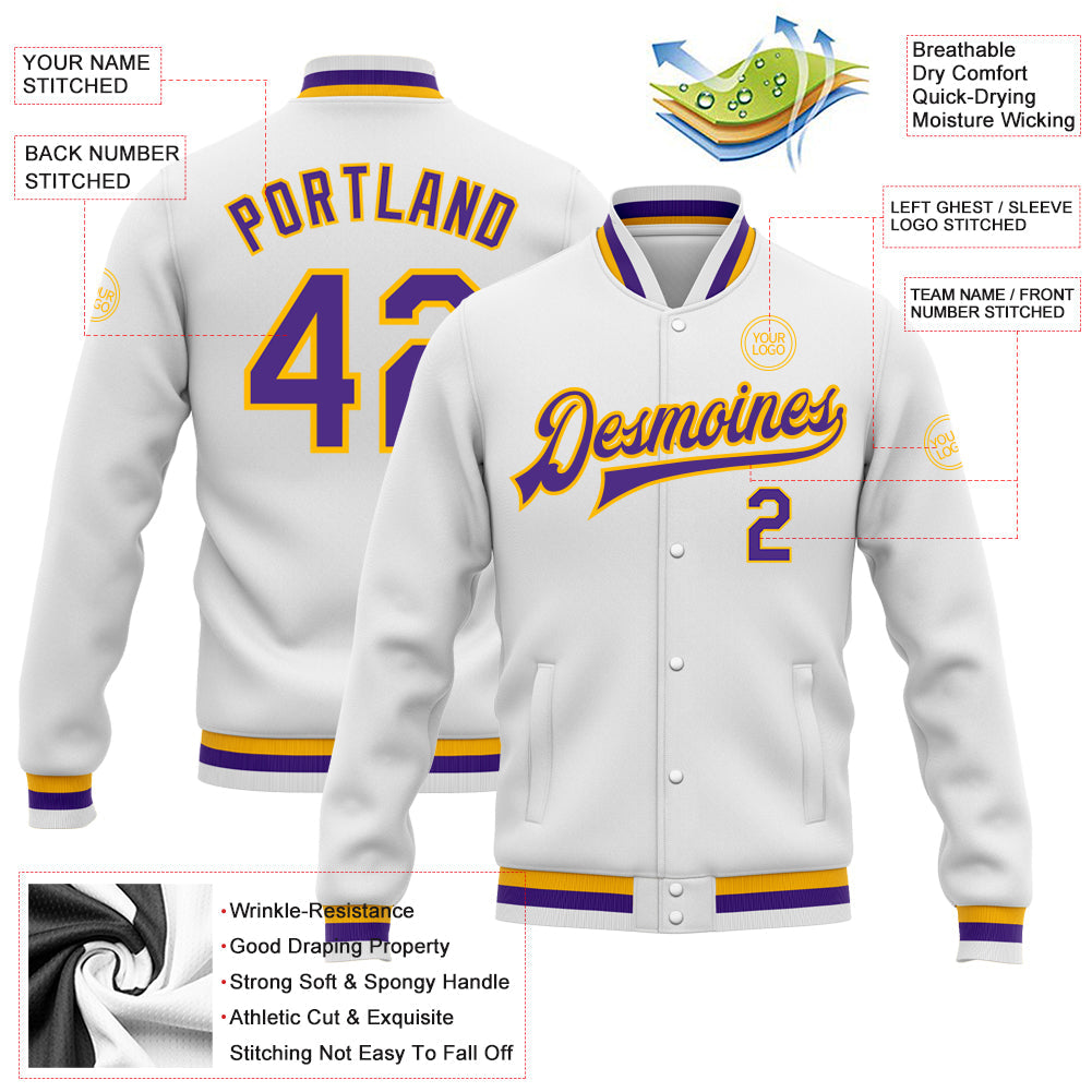 Custom White Purple-Gold Bomber Full-Snap Varsity Letterman Jacket view 5