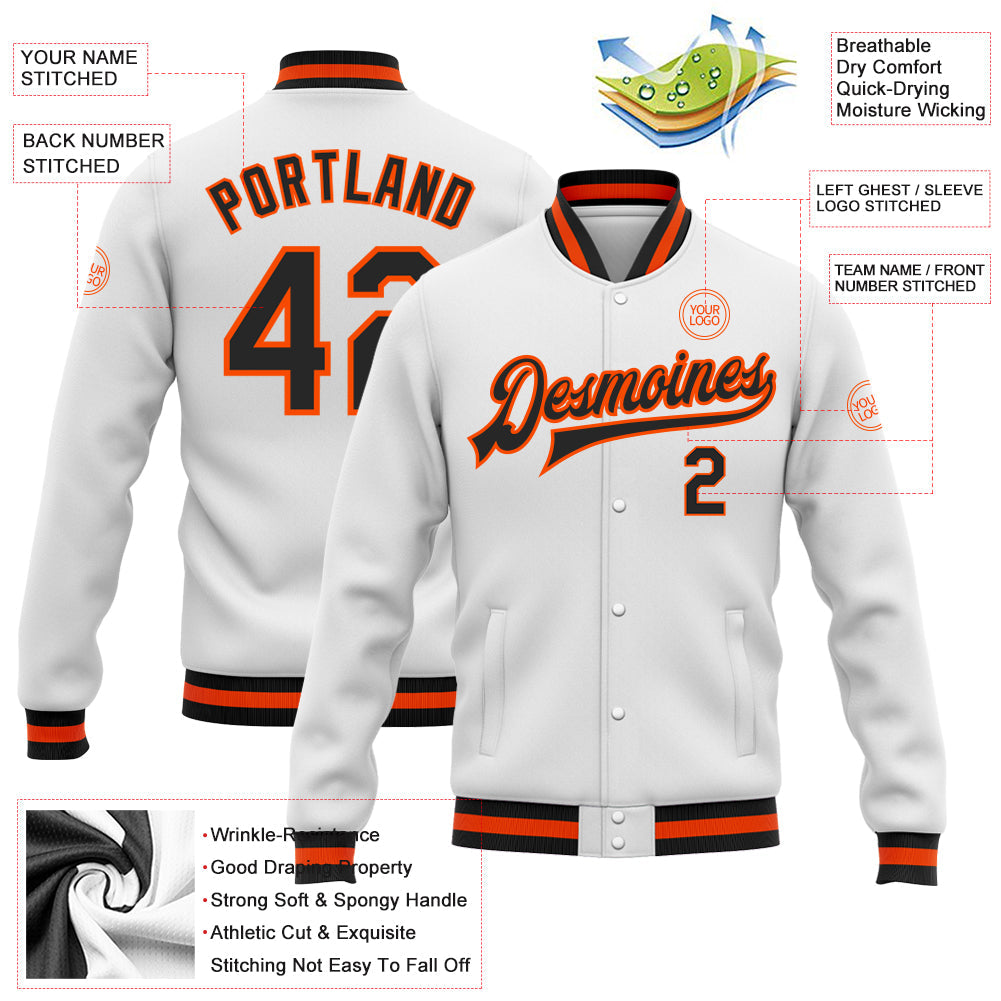 Custom White Black-Orange Bomber Full-Snap Varsity Letterman Jacket view 5
