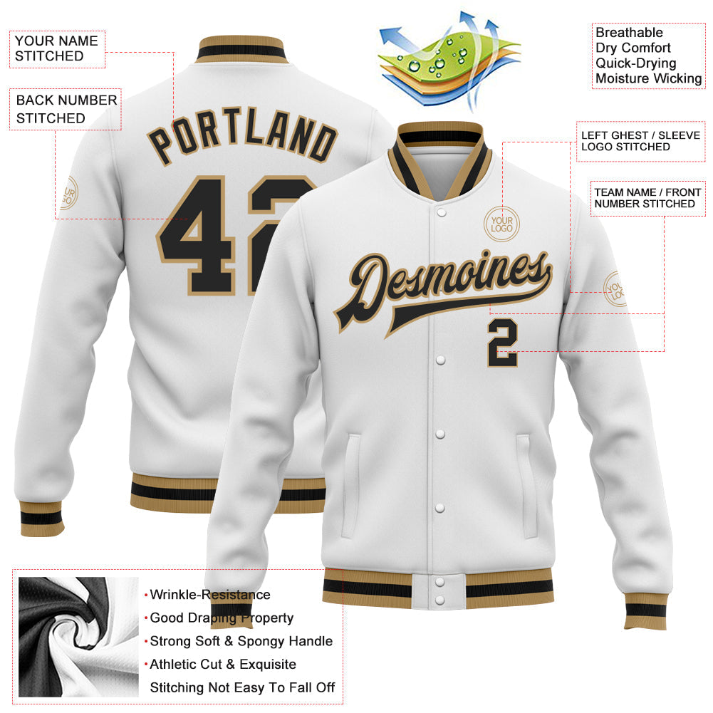 Custom White Black-Old Gold Bomber Full-Snap Varsity Letterman Jacket view 5