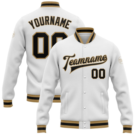 Custom White Black-Old Gold Bomber Full-Snap Varsity Letterman Jacket - Main View