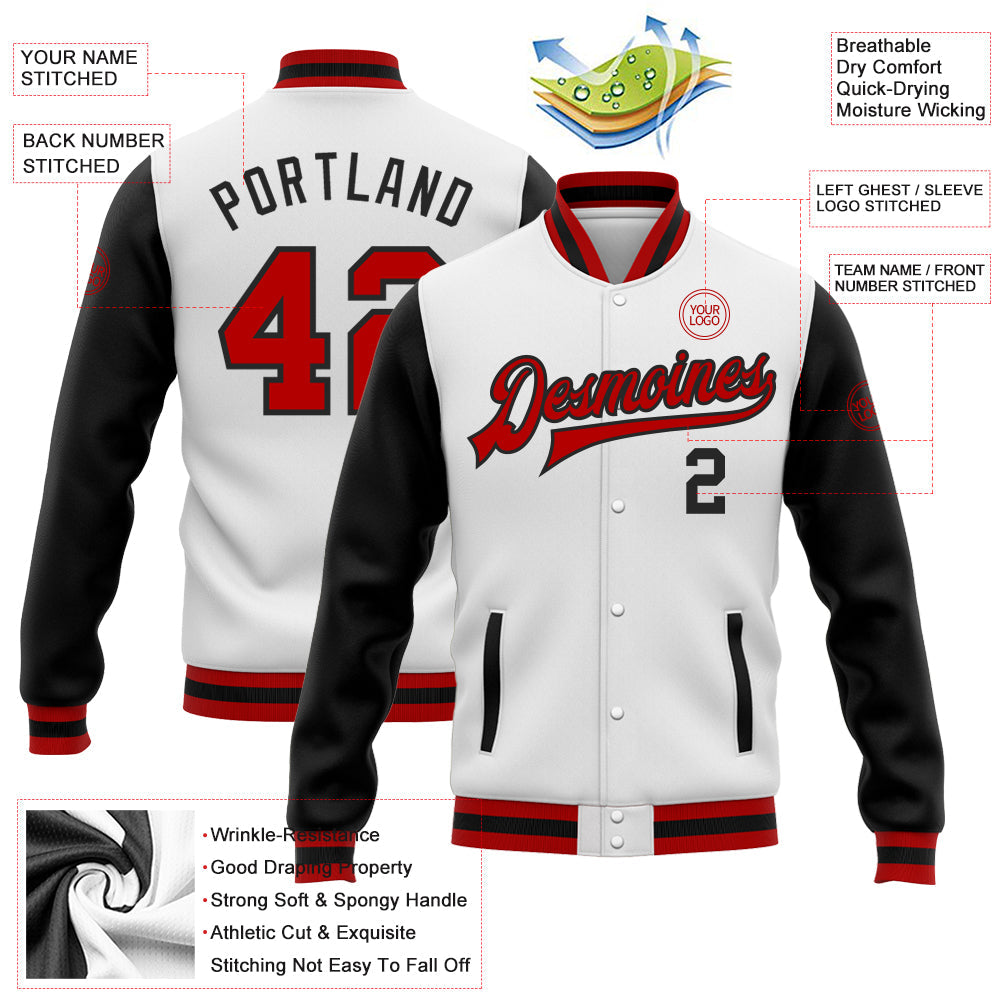 Custom White Red-Black Bomber Full-Snap Varsity Letterman Two Tone Jacket view 5