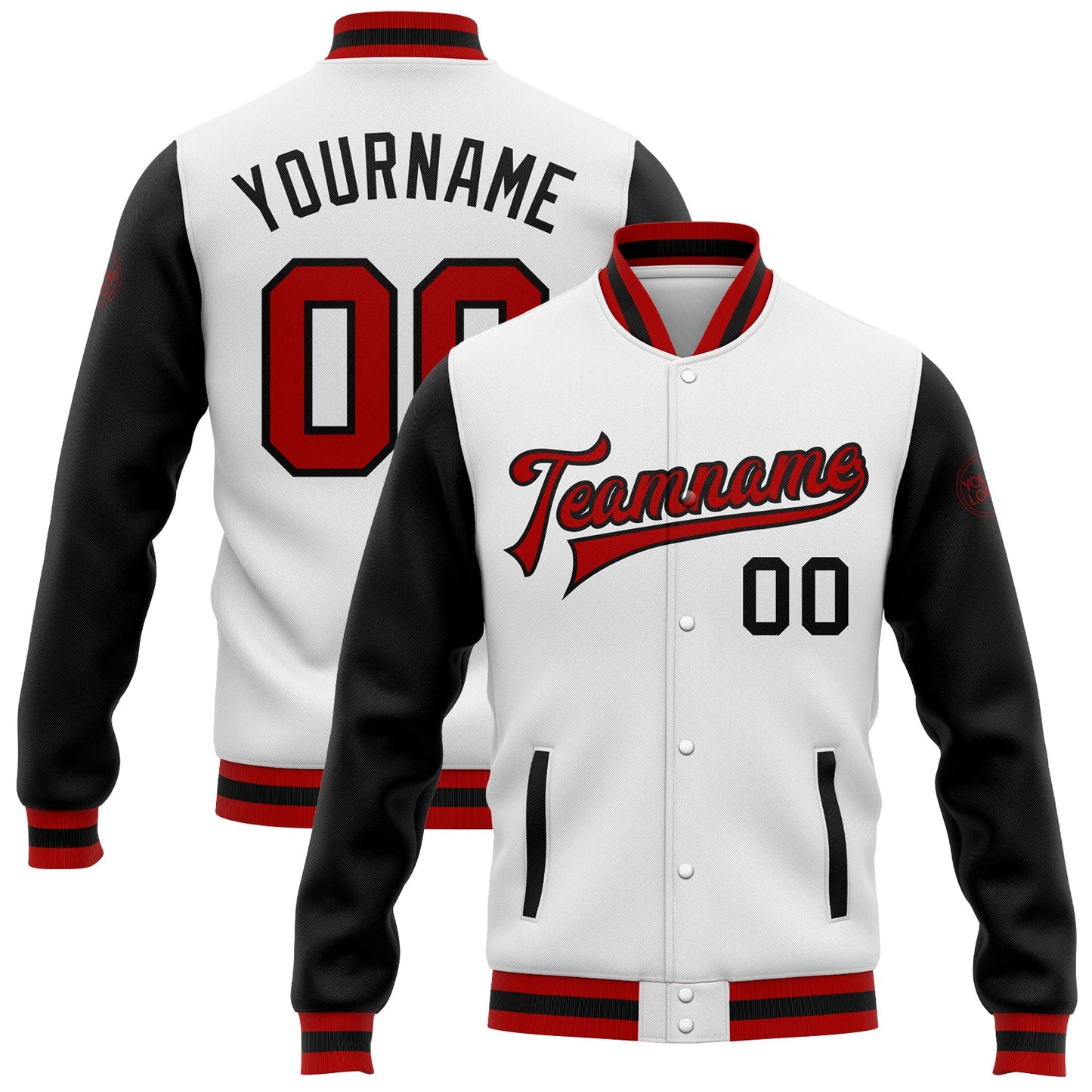 Custom White Red-Black Bomber Full-Snap Varsity Letterman Two Tone Jacket - Main View