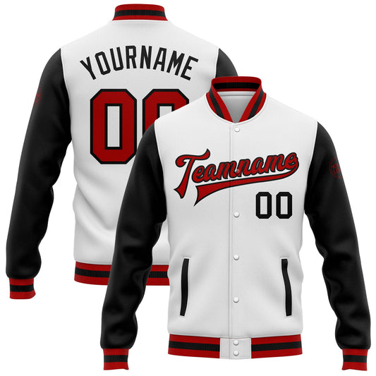 Custom White Red-Black Bomber Full-Snap Varsity Letterman Two Tone Jacket - Main View