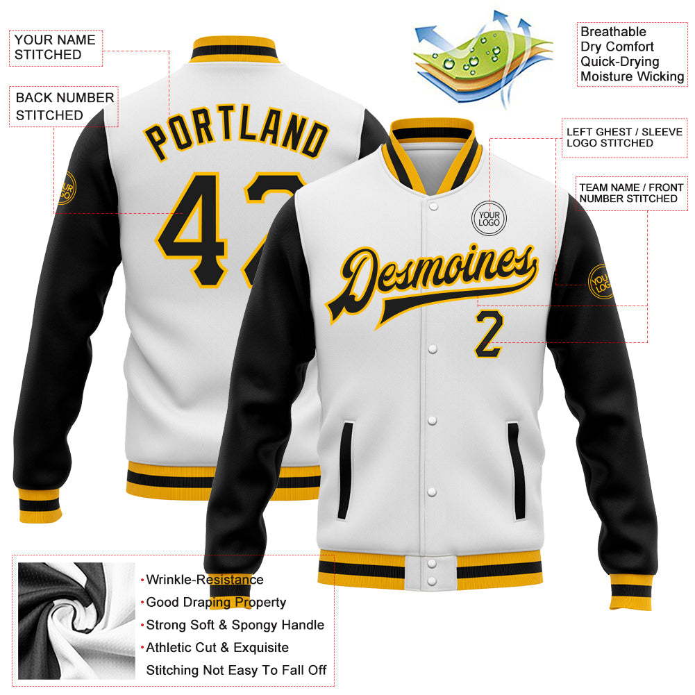 Custom White Black-Gold Bomber Full-Snap Varsity Letterman Two Tone Jacket view 5