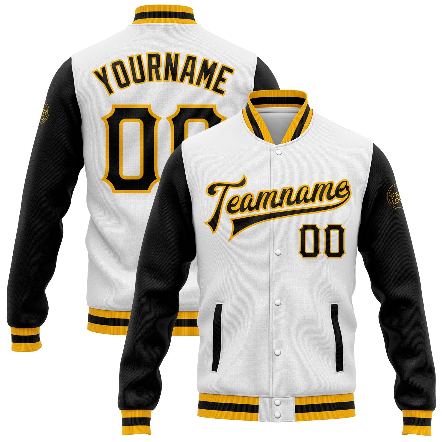 Custom White Black-Gold Bomber Full-Snap Varsity Letterman Two Tone Jacket - Main View