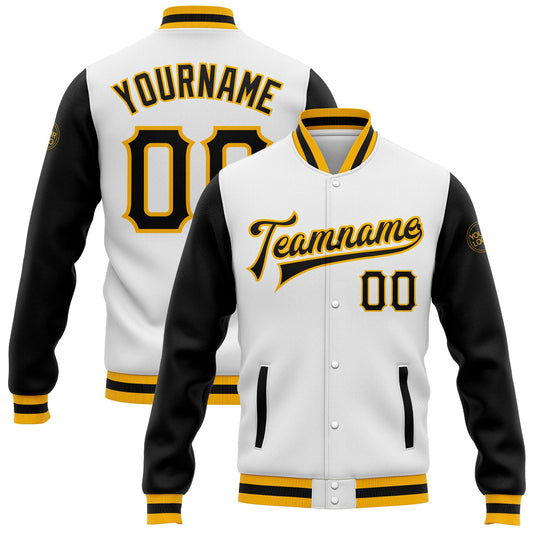 Custom White Black-Gold Bomber Full-Snap Varsity Letterman Two Tone Jacket - Main View