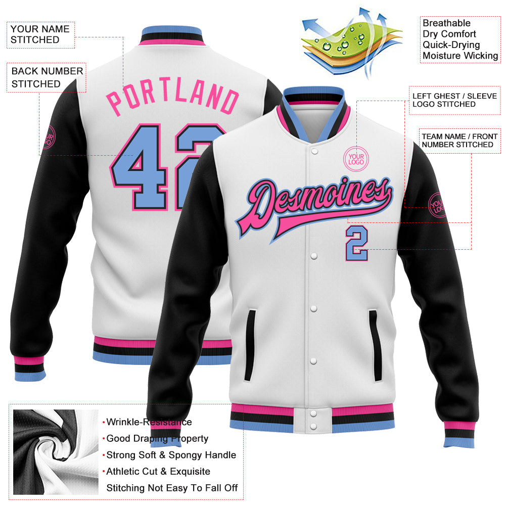 Custom White Light Blue Black-Pink Bomber Full-Snap Varsity Letterman Two Tone Jacket view 5