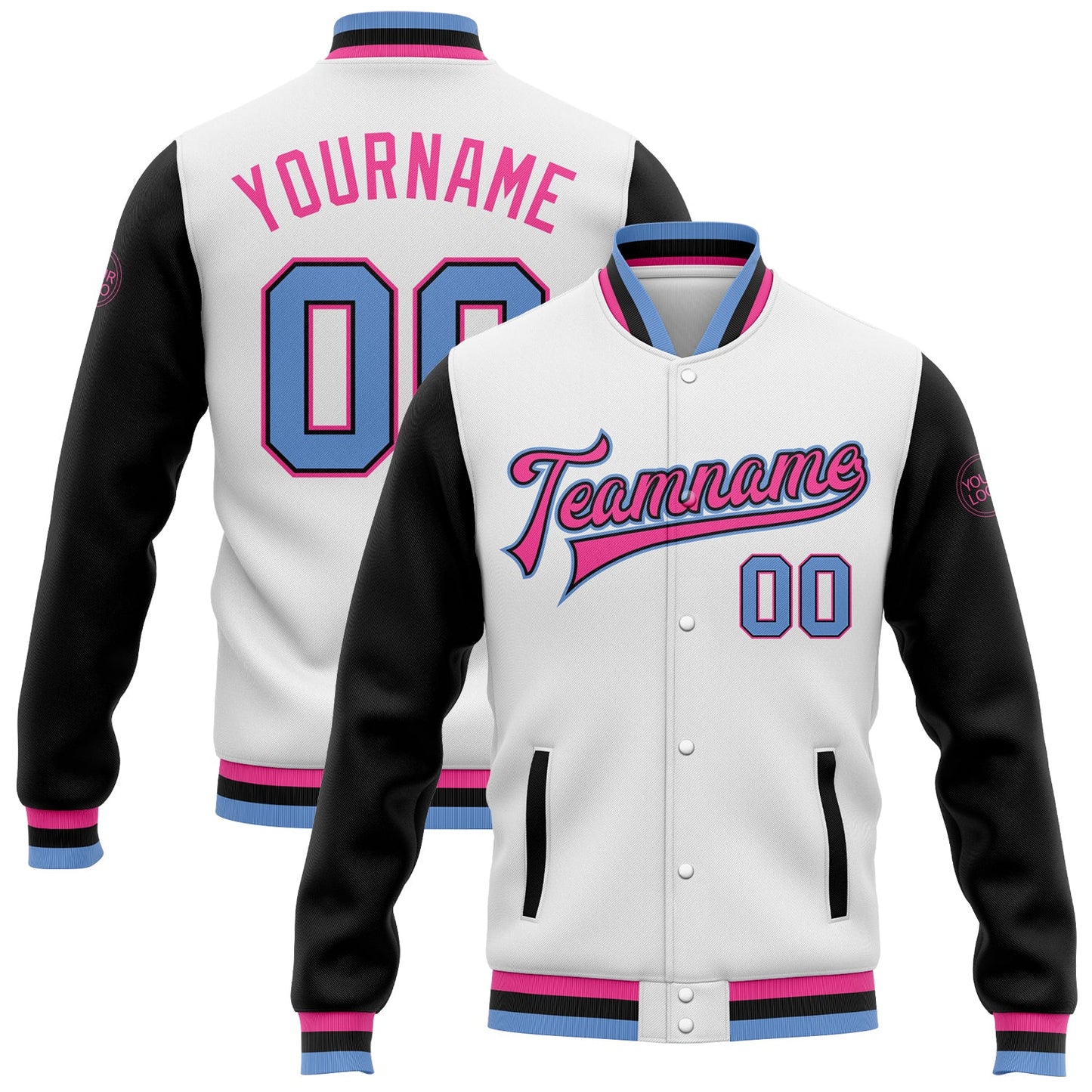 Custom White Light Blue Black-Pink Bomber Full-Snap Varsity Letterman Two Tone Jacket - Main View
