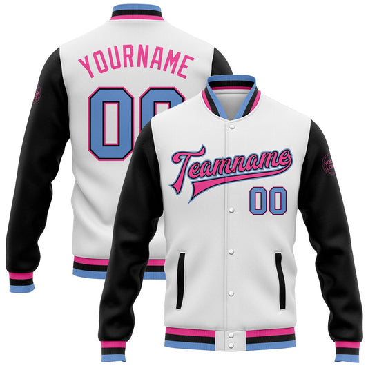 Custom White Light Blue Black-Pink Bomber Full-Snap Varsity Letterman Two Tone Jacket - Main View