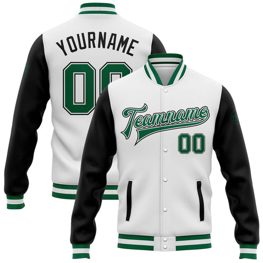 Custom White Kelly Green-Black Bomber Full-Snap Varsity Letterman Two Tone Jacket - Main View