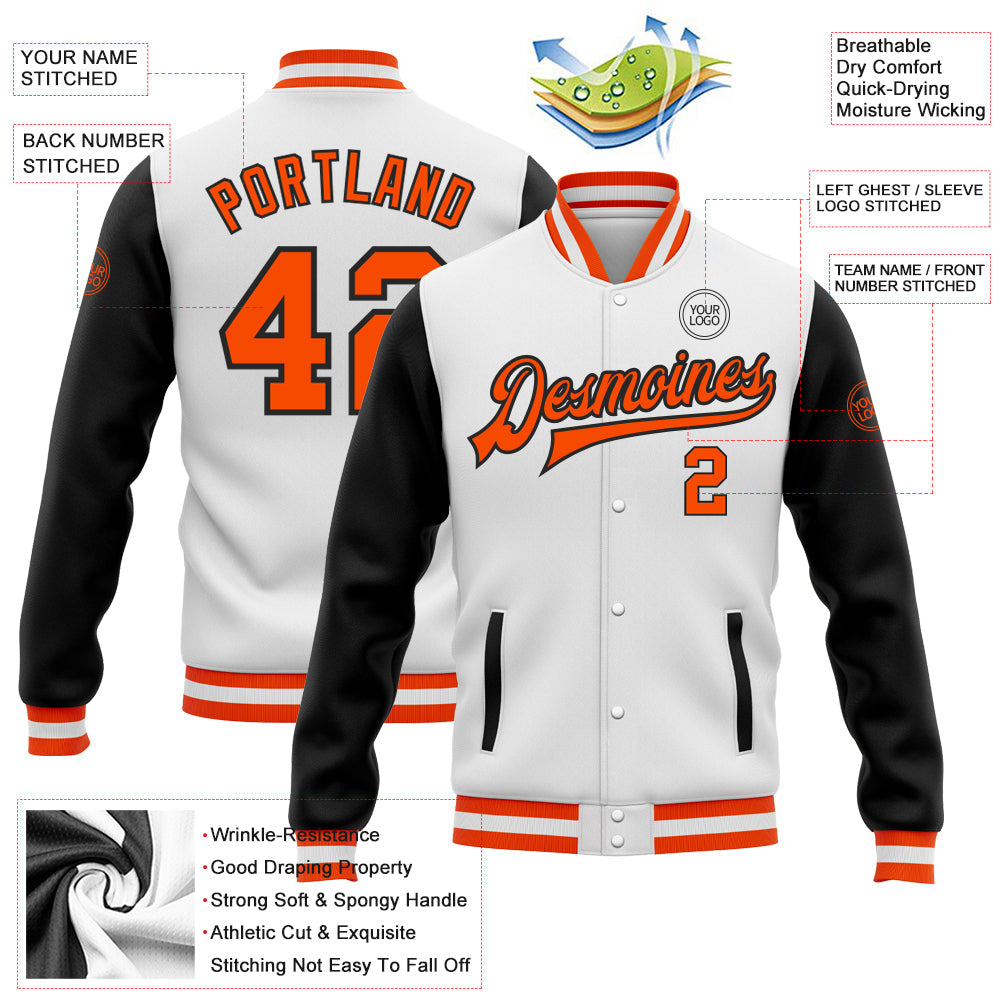 Custom White Orange-Black Bomber Full-Snap Varsity Letterman Two Tone Jacket view 5