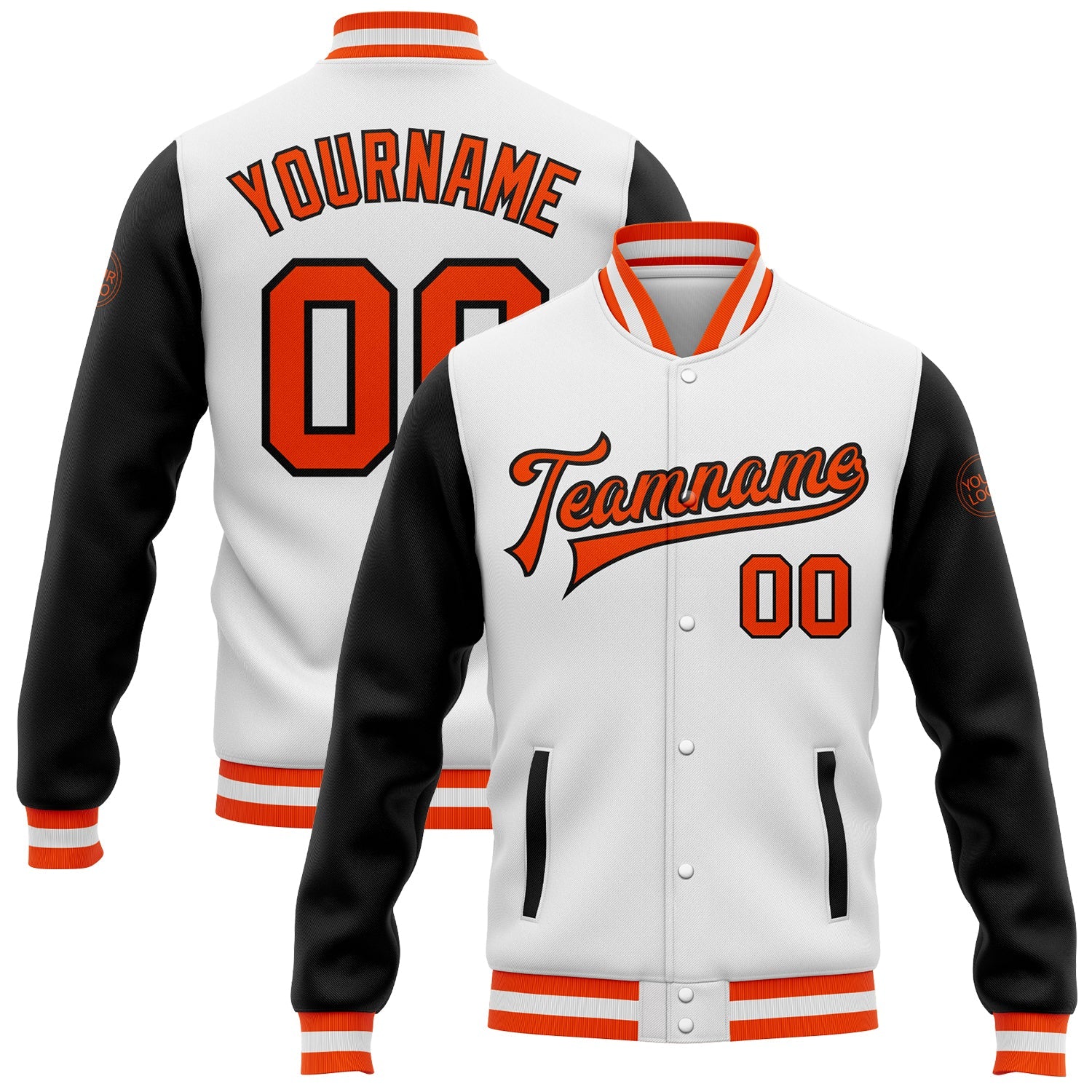 Custom White Orange-Black Bomber Full-Snap Varsity Letterman Two Tone Jacket - Main View