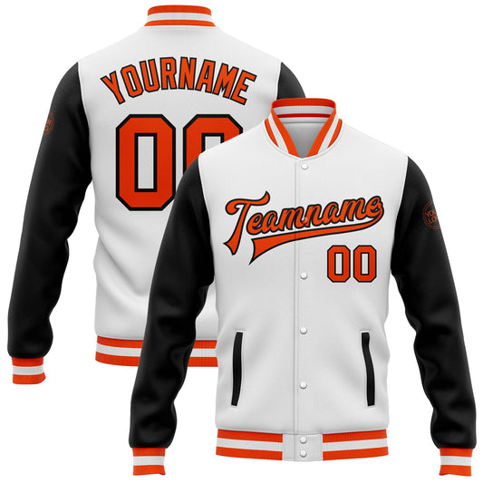 Custom White Orange-Black Bomber Full-Snap Varsity Letterman Two Tone Jacket - Main View