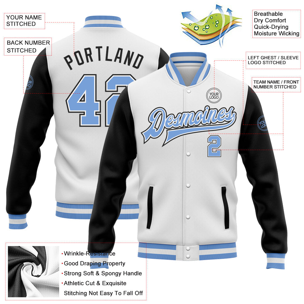 Custom White Light Blue-Black Bomber Full-Snap Varsity Letterman Two Tone Jacket view 5