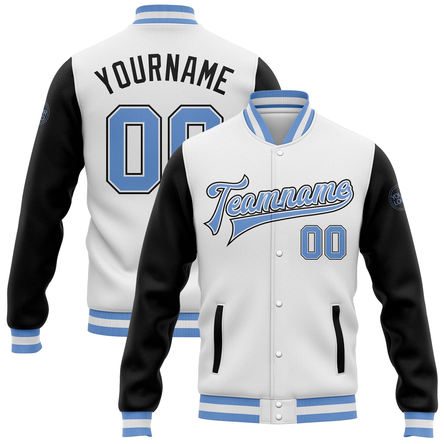 Custom White Light Blue-Black Bomber Full-Snap Varsity Letterman Two Tone Jacket - Main View