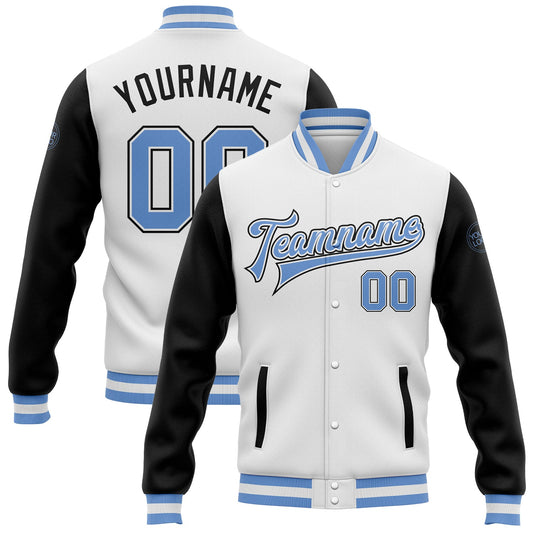 Custom White Light Blue-Black Bomber Full-Snap Varsity Letterman Two Tone Jacket - Main View