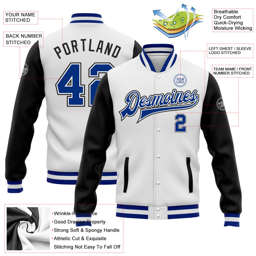 Custom White Royal-Black Bomber Full-Snap Varsity Letterman Two Tone Jacket view 5