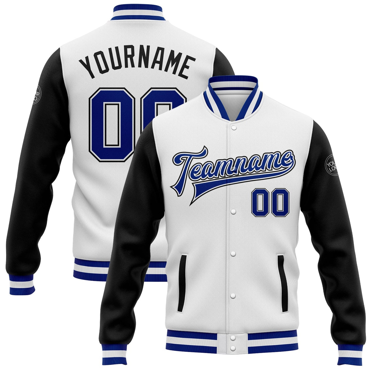 Custom White Royal-Black Bomber Full-Snap Varsity Letterman Two Tone Jacket - Main View