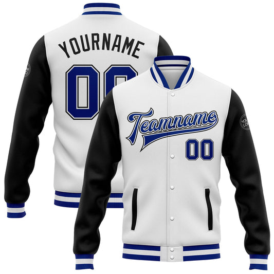 Custom White Royal-Black Bomber Full-Snap Varsity Letterman Two Tone Jacket - Main View
