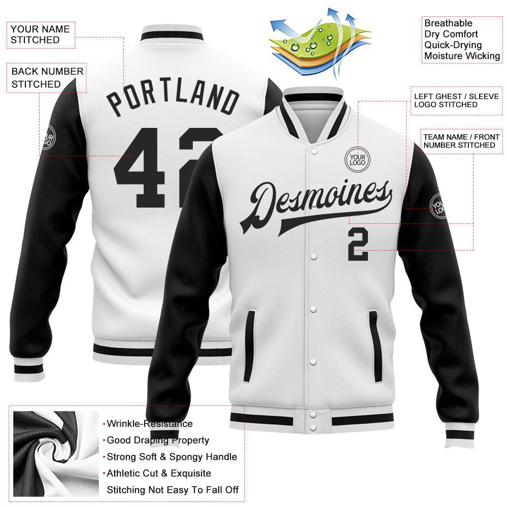 Custom White Black Bomber Full-Snap Varsity Letterman Two Tone Jacket view 5