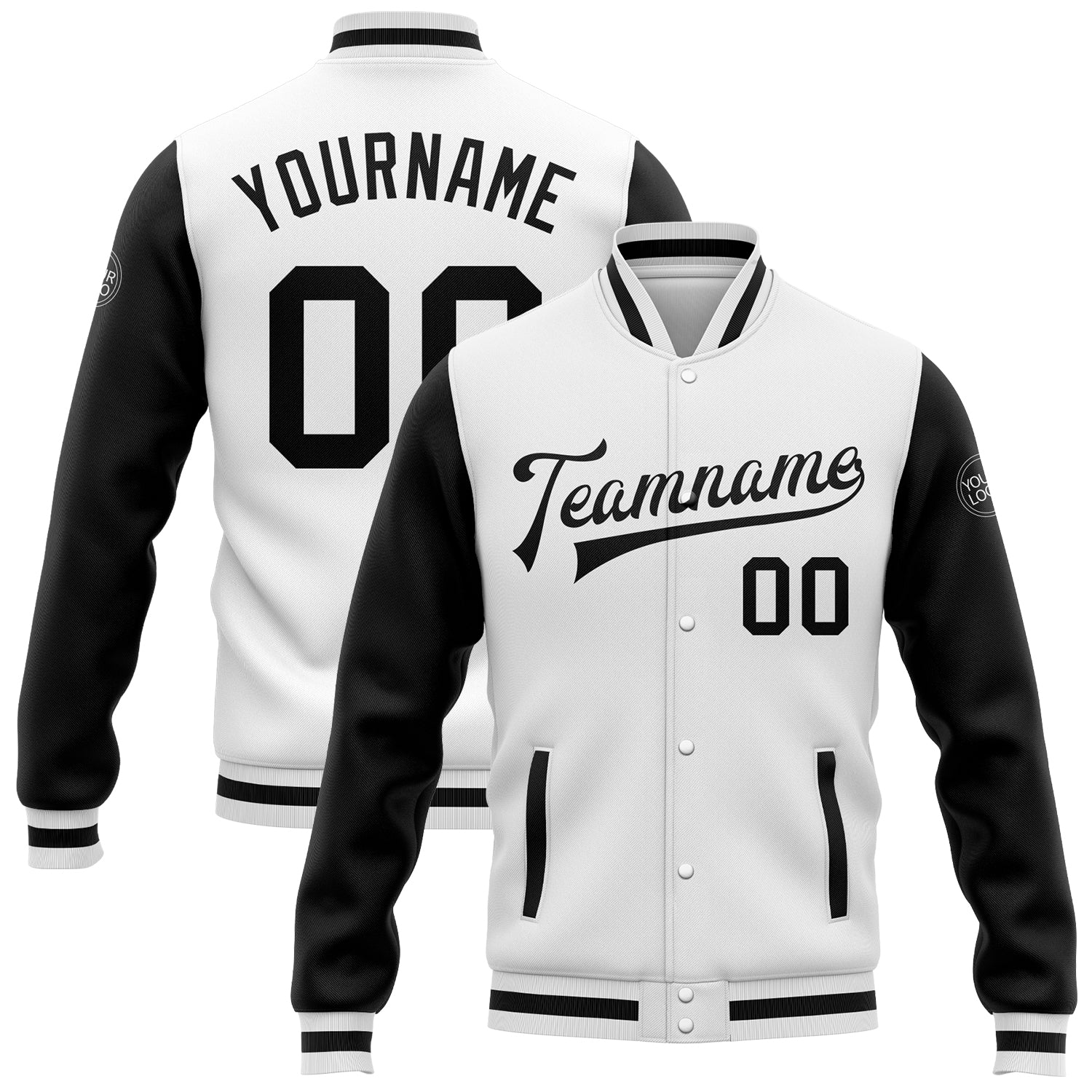 Custom White Black Bomber Full-Snap Varsity Letterman Two Tone Jacket - Main View