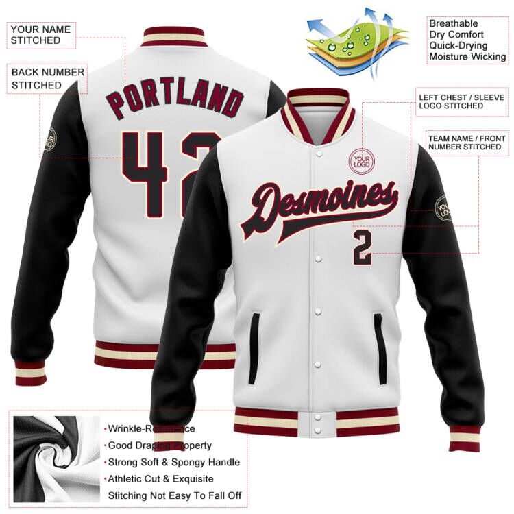 Custom White Black Maroon-Cream Bomber Full-Snap Varsity Letterman Two Tone Jacket view 5