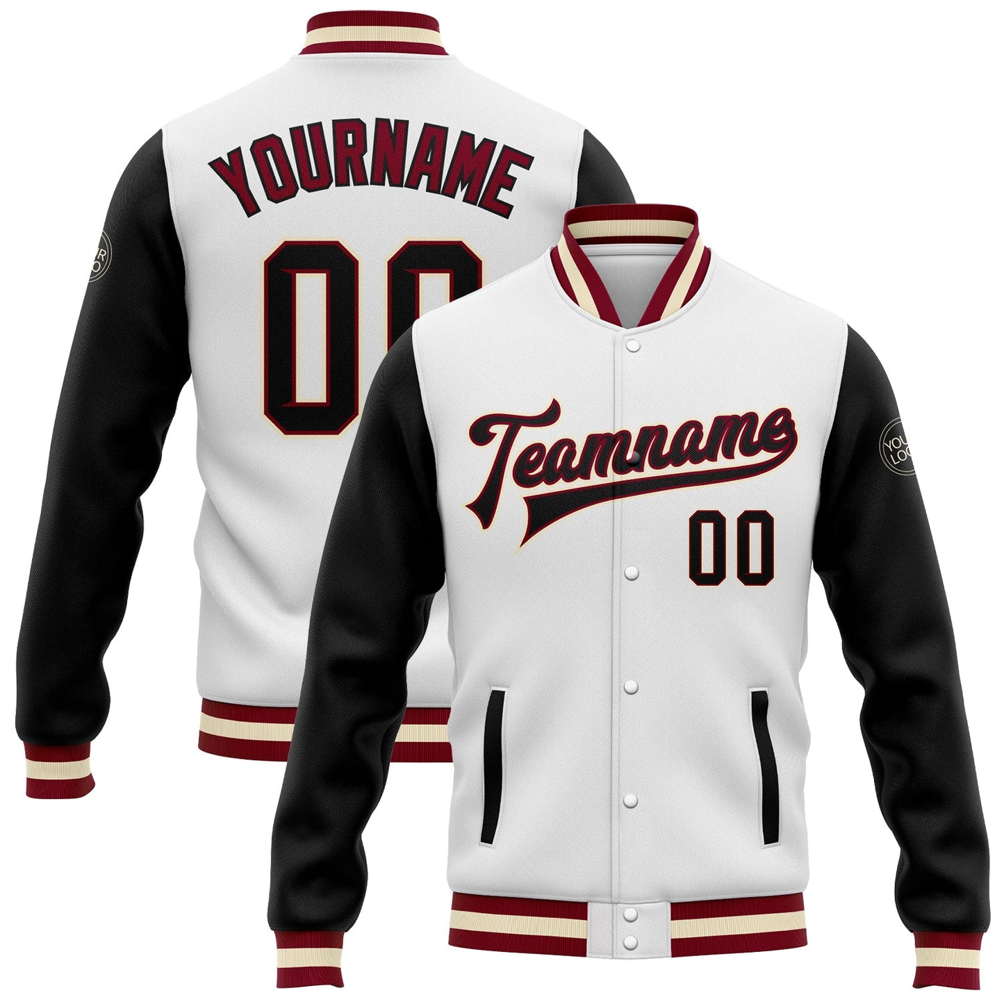 Custom White Black Maroon-Cream Bomber Full-Snap Varsity Letterman Two Tone Jacket - Main View