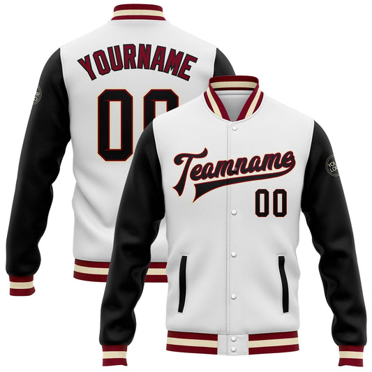 Custom White Black Maroon-Cream Bomber Full-Snap Varsity Letterman Two Tone Jacket - Main View
