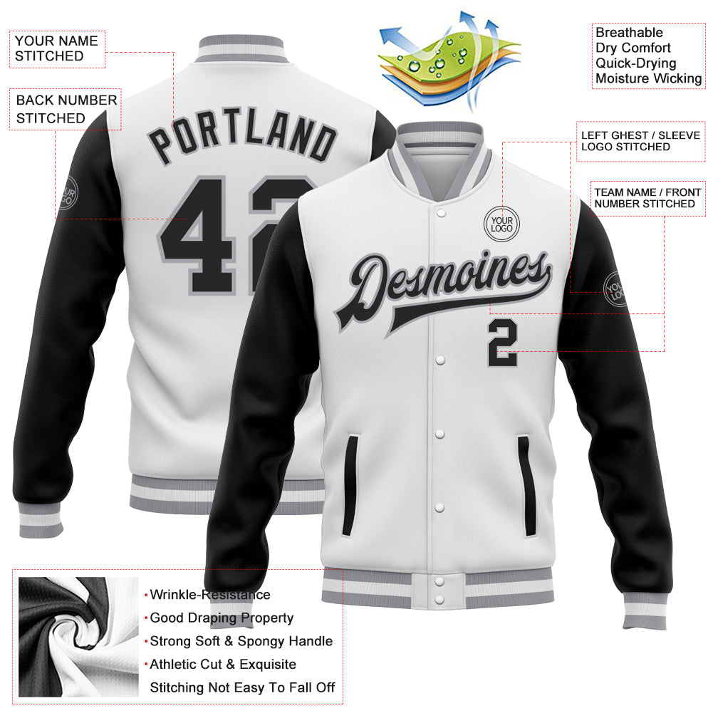 Custom White Black-Gray Bomber Full-Snap Varsity Letterman Two Tone Jacket view 5