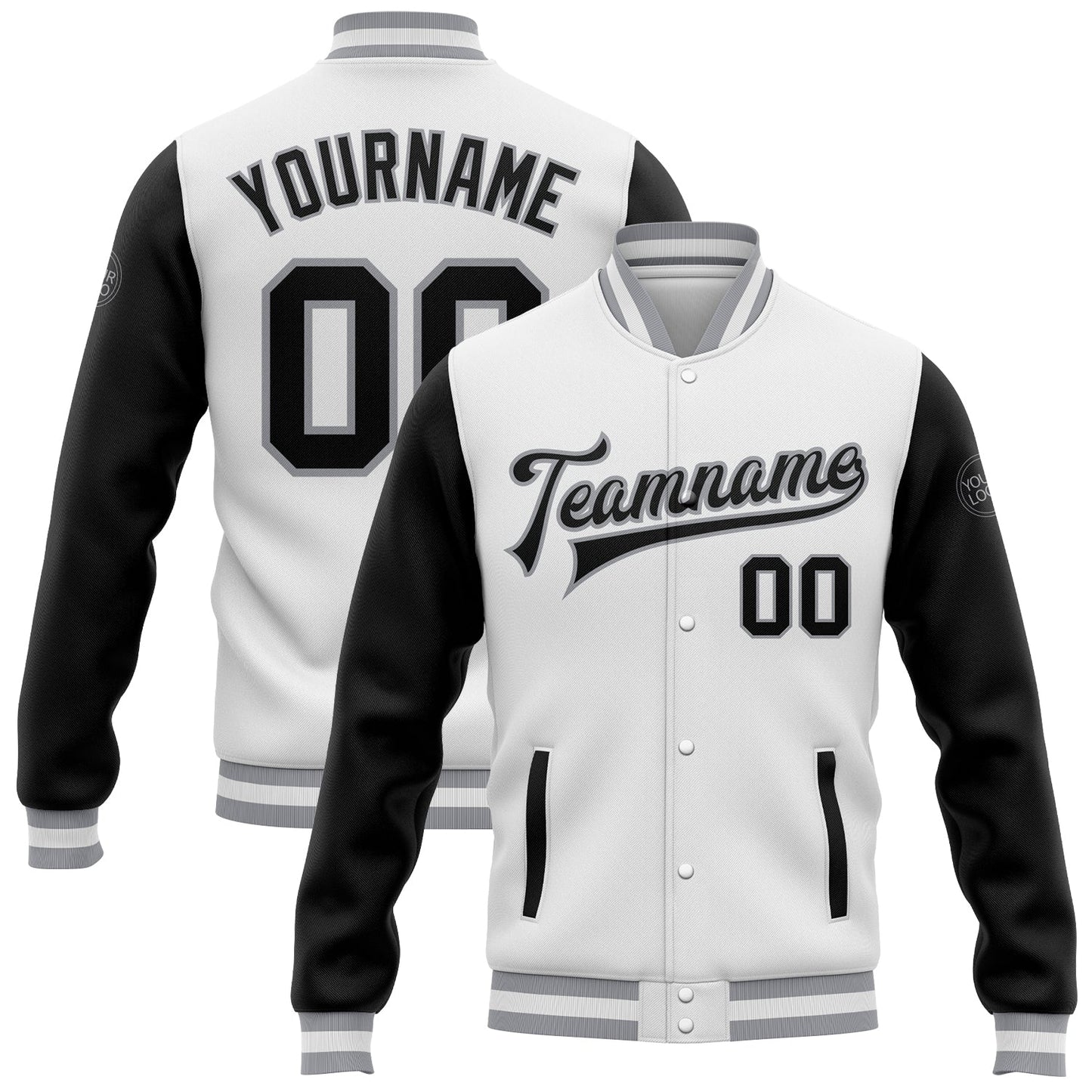 Custom White Black-Gray Bomber Full-Snap Varsity Letterman Two Tone Jacket - Main View