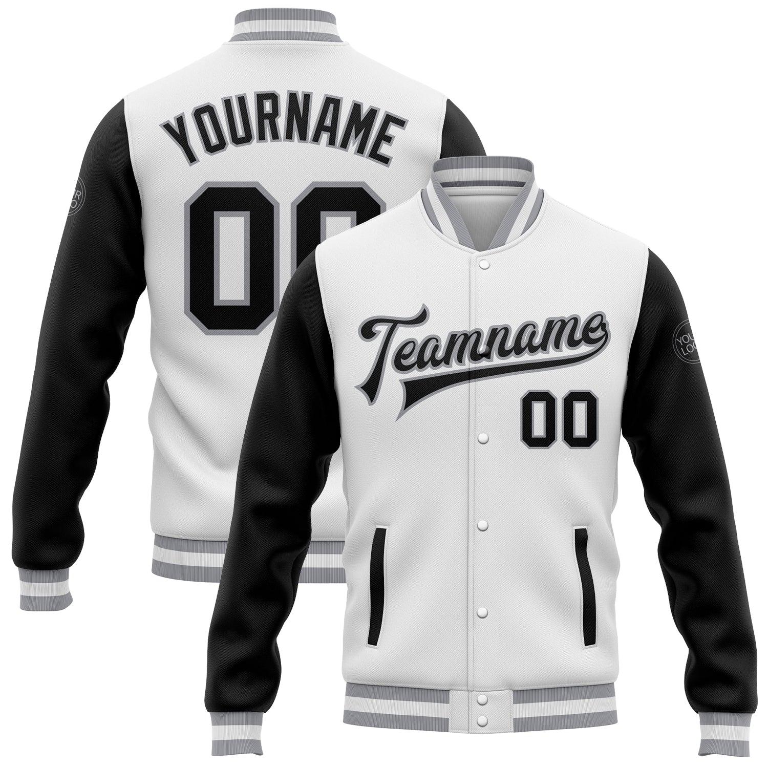 Custom White Black-Gray Bomber Full-Snap Varsity Letterman Two Tone Jacket - Main View
