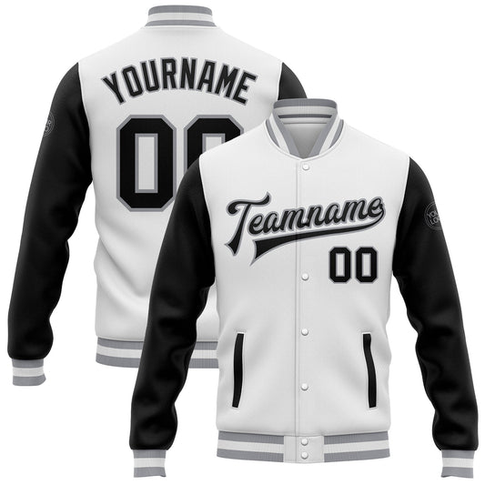Custom White Black-Gray Bomber Full-Snap Varsity Letterman Two Tone Jacket - Main View